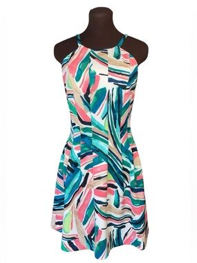 VINCE CAMUTO Halter Vivid Abstract Pink Blue Green Fit & Flare Dress Size 6